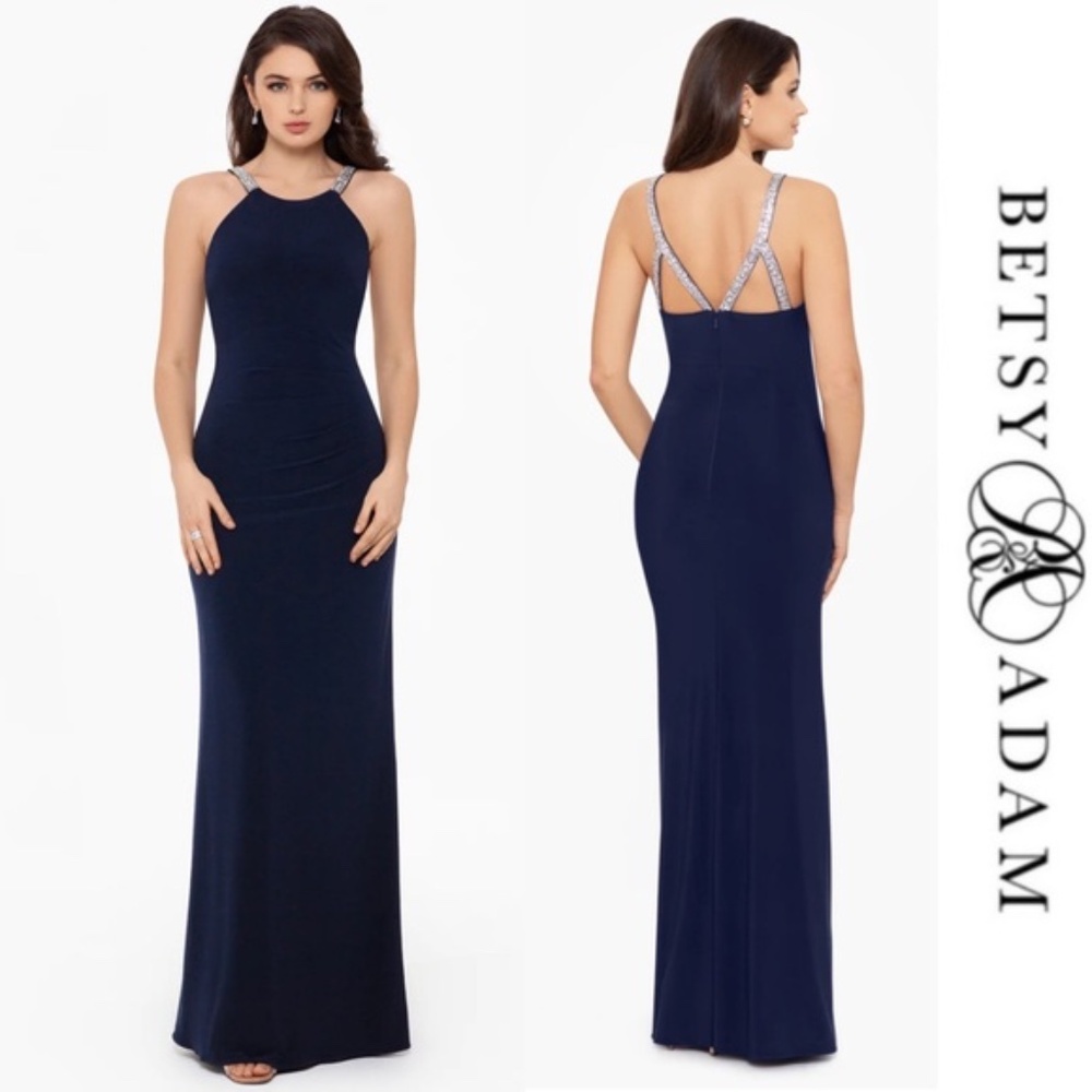 Betsy & Adam - Jayleen High Neck Side Ruched Stretch Knit Gown - Navy Blue 14P